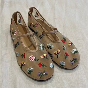 Floral Embroidered Tan Flats